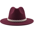 Detail view of burgundy wool fedora featuring a decorative double-layer pearl band - M (56-58cm) / Burgundy