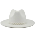 Detail view of white wool fedora hat featuring elegant double-layer pearl embellishment - M (56-58cm) / White