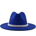 Elegant navy blue wool fedora hat with a luxurious white pearl decorative band - M (56-58cm) / Blue