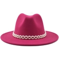 Detailed view of fuchsia wool jazz hat featuring a double-row pearl decorative band - M (56-58cm) / Rose Red