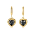 Elegant gold earrings with heart-shaped dark grey zircon stone and beaded metal border - Gold Black Heart Stone