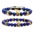 Blue Imperial Jasper bead bracelets with golden crown accents and black micro-zirconia stones - Blue Dot Stone Set