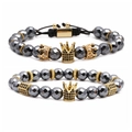 Braided hematite bead bracelet set with gold micro-pave zircon crown charms - Hematite Set