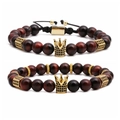 Ensemble de bracelets en perles d'oeil de tigre avec breloques couronne dorée - Ensemble de bracelets en perles de pierre oeil de tigre
