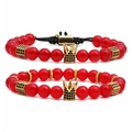 Agate Tiger Eye Crown Beaded Bracelet Set with two red and gold woven strand bracelets - Agate B Set