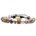 Beaded crown bracelet with black and white dragon vein stones and golden zircon crown - Woven Rope Style / Black White Dragon Pattern (Dragon Woven)