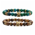 Bracelets en perles d'œil de tigre et turquoise avec breloques couronne dorées pour unisexe - Set Oeil de Tigre C (Pierre Impériale Bleu-Vert + Oeil de Tigre Brun)