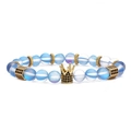 Dragon pattern moonstone beaded bracelet with golden crown and matte light blue beads - Elastic Beaded Style / Light Blue (Moonstone Beaded)