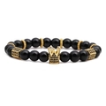 Perlenarmband-Set mit schwarzen Steinen und goldener Krone auf weißem Hintergrund - Poliertes Mattes Schwarzes Elastisches Perlenarmband (Krone)