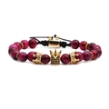 Bracciale di perle occhio di tigre con ciondolo corona d'oro e cordino nero regolabile - Intrecciato Regolabile / Occhio di Tigre Rosso Porpora/Oro (Stile Intrecciato)