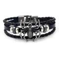 Bracciale da uomo retrò in pelle intrecciata con ciondolo a ragno d'argento e rivetti metallici - Nero