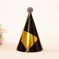 Black party cone hat with golden geometric patterns and a grey pom-pom on top - Black Rhombus Line Style