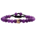 Purple amethyst beaded bracelet with golden crown charm and adjustable black woven cord - Amethyst Gold Crown