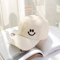 Classic beige cotton baseball cap with black embroidered smile face and curved brim - One Size(Adjustable) / Beige