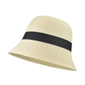Elegant beige women straw bucket hat with black ribbon band for summer sun protection - M (56-58cm) / Beige