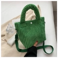 Green corduroy bucket tote bag with round white button and matching shoulder strap - Dark Green