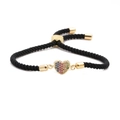 Pulsera ajustable de cuerda negra con colgante de corazón dorado y circonitas de colores - Cuerda Ajustable Negra Corazón