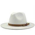 Side view of a white wide-brimmed Fedora hat with a brown belt strap detail. - White