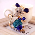 Portachiavi a forma di topo dorato con strass blu e bianchi per borse e accessori moda - Blu