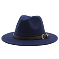 Detail of navy felt fedora featuring a brown leather band and embossed gold metal buckle - Navy Blue