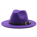Purple wool fedora with wide brim and dark brown leather band featuring a vintage gold buckle - M (56-58cm) / Purple