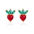 Sparkling strawberry stud earrings with red heart gems and green leaf-shaped zircon - Strawberry
