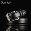 Classic men's black leather belt with brushed metal pin buckle and stitching - 110cm / Black
