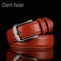 Men's brown leather belt with silver brushed metal pin buckle and textured finish - 110cm / Red Brown