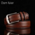 Men's brown leather belt with vintage texture and brushed silver needle buckle - 110cm / Brown