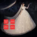 Elegant champagne lace wedding dress with sparkling sequins and long 3-meter veil - Trailing