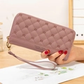 Dusty pink quilted long wallet with crown embroidery and wristlet strap for women - Purple Crown
