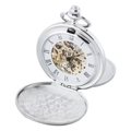 Silver hollow mechanical pocket watch with gold movement and Roman numeral dial display - Polished Double Open / Silver (Gold Movement)