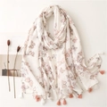 Elegant cotton linen scarf with pink butterfly prints and decorative tassel charms - 180x90cm / Cream Butterfly with Gold Powder