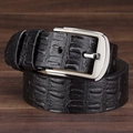 Cintura da uomo in pelle nera stampa coccodrillo con fibbia ad ardiglione argento - 115cm / Motivo a Coccodrillo Nero Fibbia ad Ardiglione