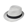 Detailweergave van lichte linnen fedora hoed met zwarte band en geweven textuur voor de zomer - Volwassene 56-60cm / Grijs