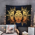 Psychedelic sun and moon tapestry with gold lines and warm fairy lights on a wall - 75x50cm / Yellow Sun God