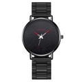 Minimalist black steel watch for men featuring a textured dial and red accent needles - Red Hands Black Strap
