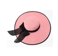 Cappello di paglia rosa a tesa larga con elegante fiocco nero decorativo da donna - M / Rosa