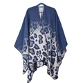 Detail of navy blue and beige leopard print knitted shawl with premium overlock edge - Large Leopard Blue