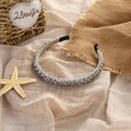 Elegant beaded crystal headband with silver grey rhinestones on soft beige fabric - Gray