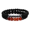 Double-layered matte beaded bracelet set with natural red agate and dark grey metallic accents - Matte Black Beads Hematite Agate Set (NSB00080+Set 1)
