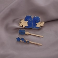 Three-piece hair clip set with navy blue glitter cat and gold stars on silk fabric - Twin Blue Cats