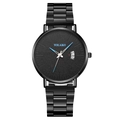 Men's black stainless steel quartz watch with blue hands, calendar dial, and mesh band - Black Band Blue Needle