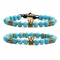 Tigerauge und Türkis Perlenarmband-Set mit goldenen Kronenanhängern für Damen und Herren - 2-teiliges Set / Blauer Türkis-Set