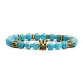 Blue turquoise bead bracelet set with golden crown charm and black micro-inlaid zircon - Elastic Beaded Style / Blue Turquoise