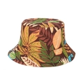 Cappello da pescatore marrone scuro con stampa foglie tropicali in tela per spiaggia estiva - M (56-58cm) / Stampa Foglie Tropicali Gialle
