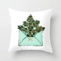 Detailed view of square Christmas pillowcase with mint green envelope and tree illustration - Mint Green Envelope Tree (DRD151-8)