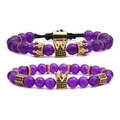 Lot de deux bracelets en perles violettes avec breloques couronne et zircon noir - Ensemble Améthyste