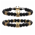 Matte black stone beads bracelet set with golden crown and micro-pave diamond accents - Black Matte Set