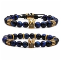 Blue tiger eye beaded bracelet set with golden crown charms and black zircon spacers - Tiger Eye Set